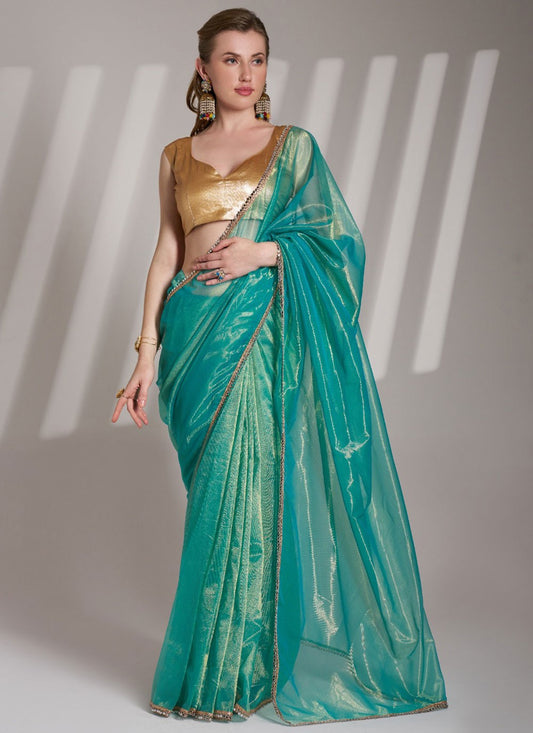 Border Work Net Teal Saree S13866
