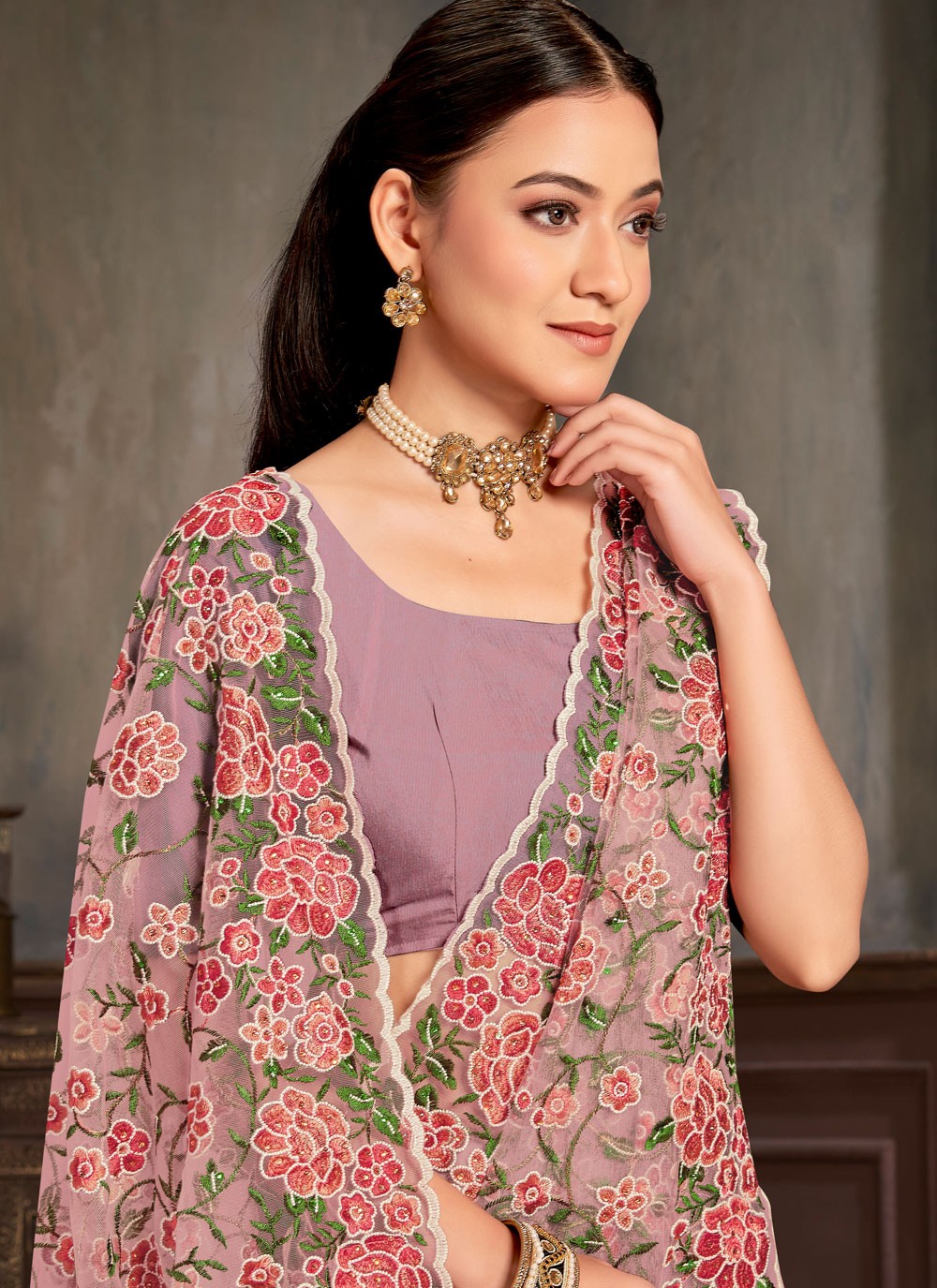 Embroidered Net Lavender Saree S14450