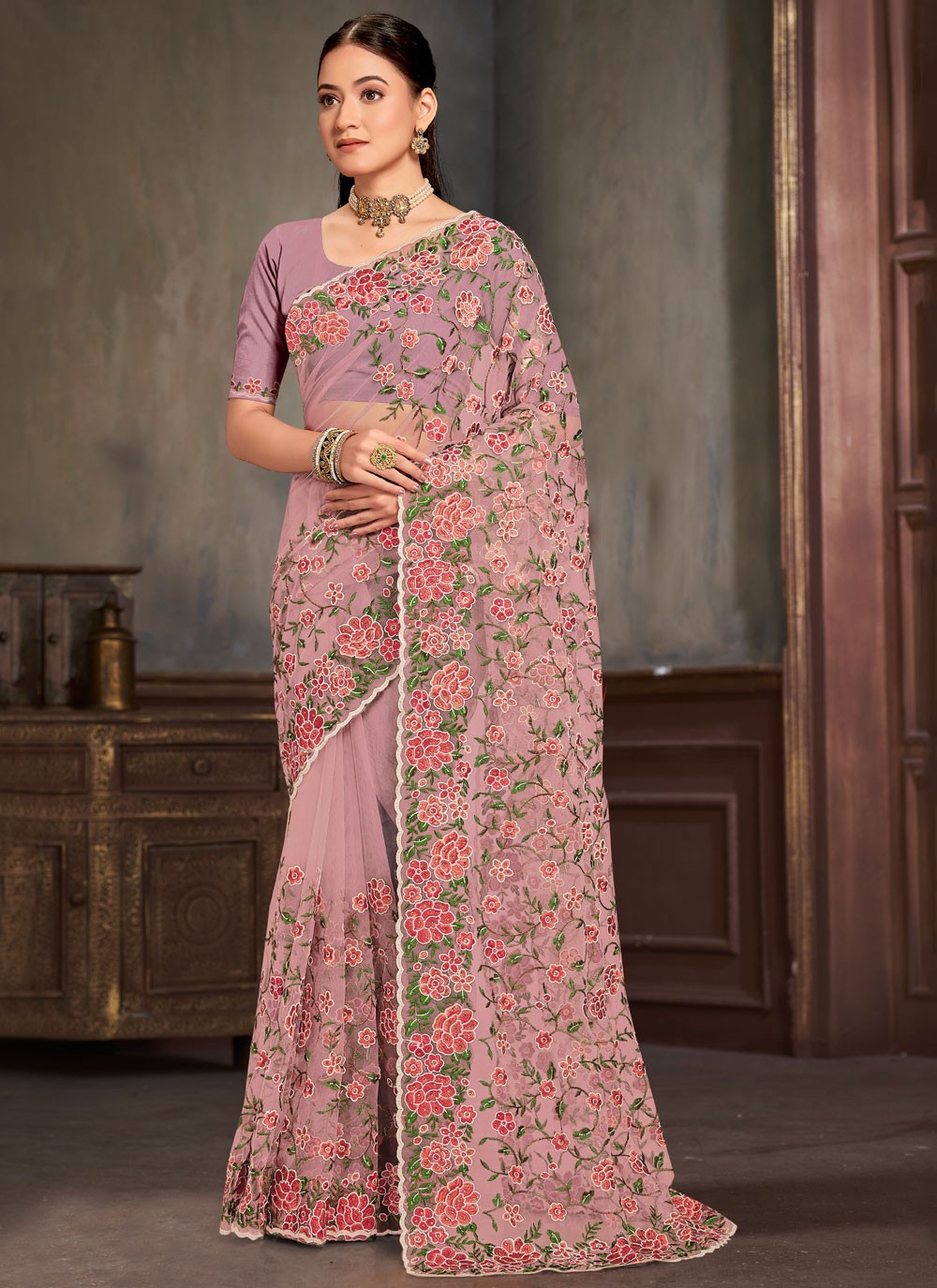 Embroidered Net Lavender Saree S14450