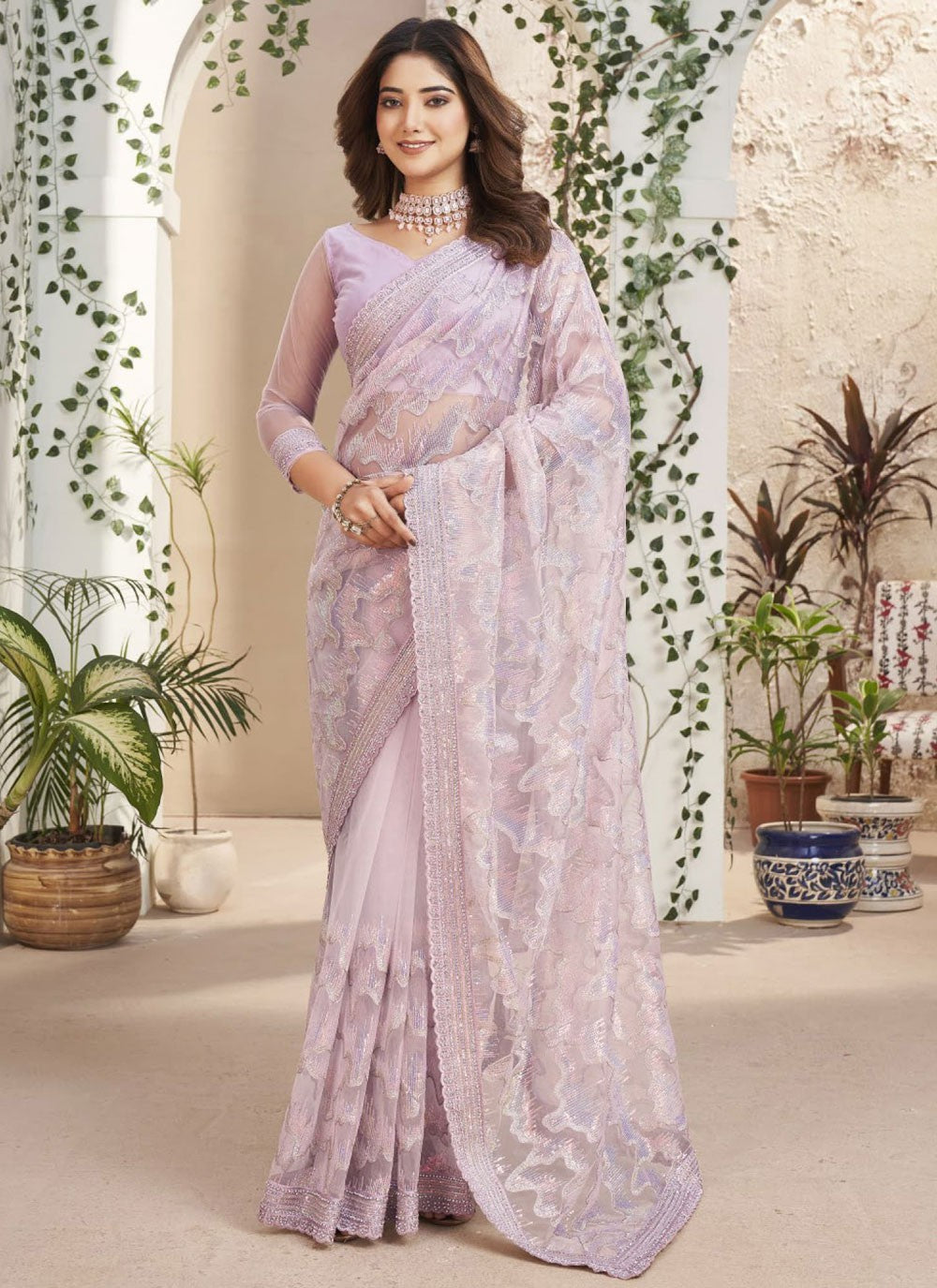 Contemporary Cut Work Lavender Net Saree S13372