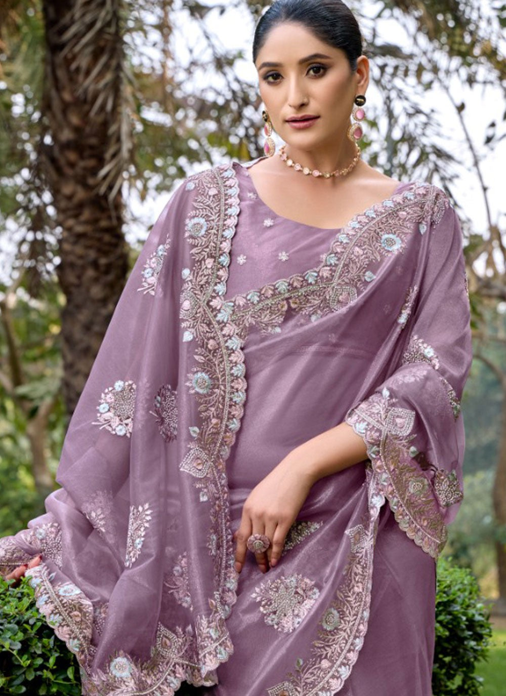 Contemporary Cut Work Lavender Net Saree S13449
