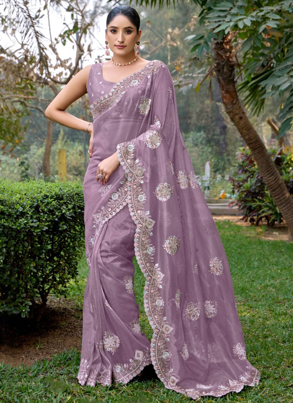 Contemporary Cut Work Lavender Net Saree S13449