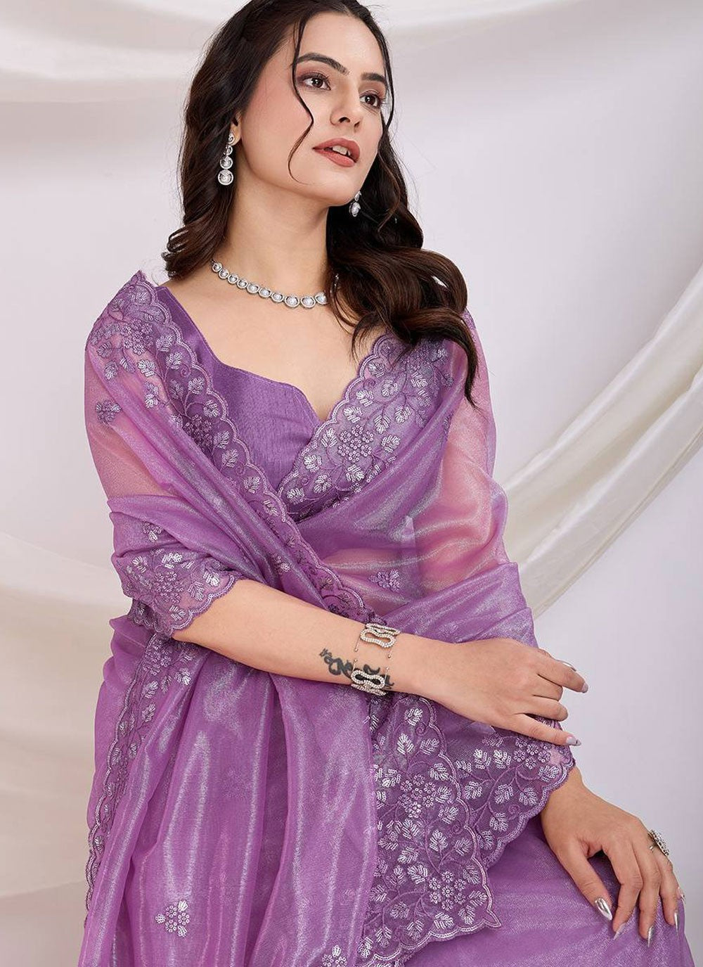Cut Work Net Lavender Saree S13792