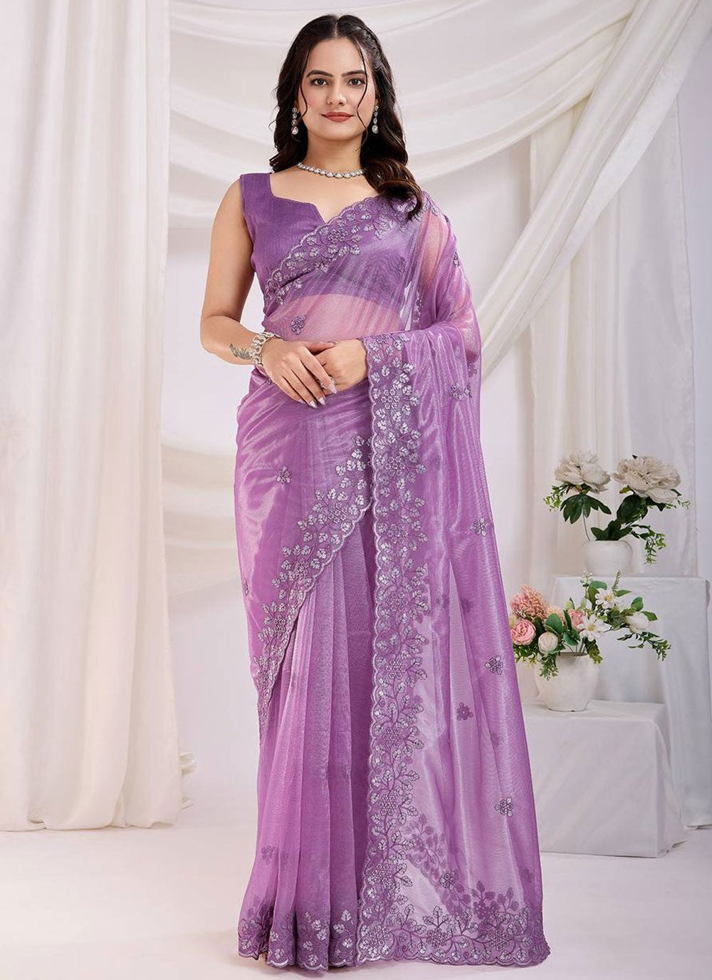 Cut Work Net Lavender Saree S14028