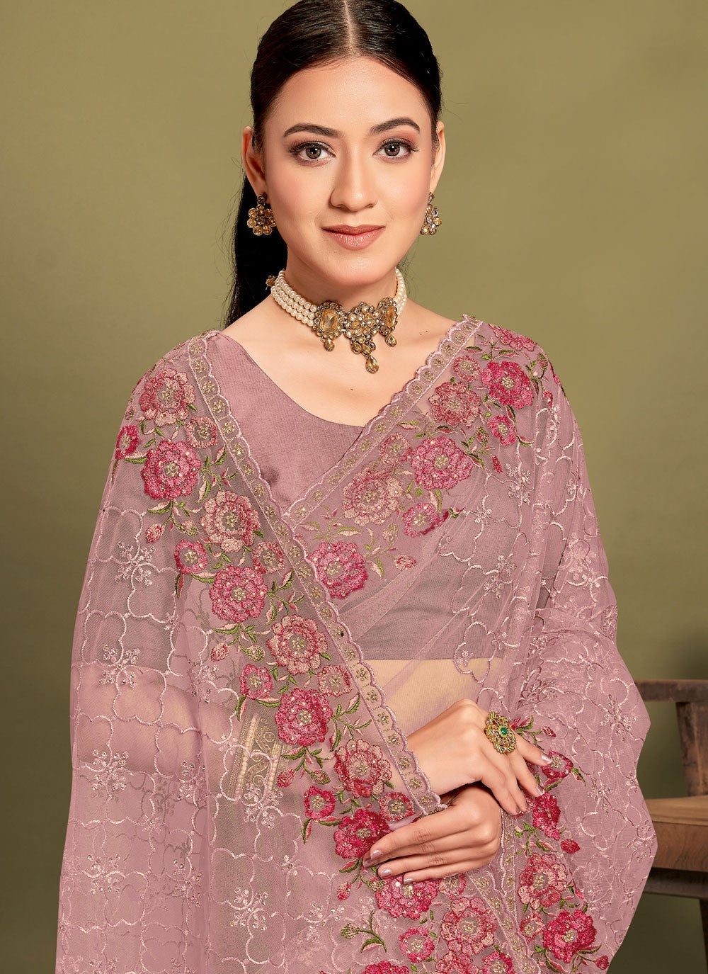 Cut Work Net Lavender Saree S14466