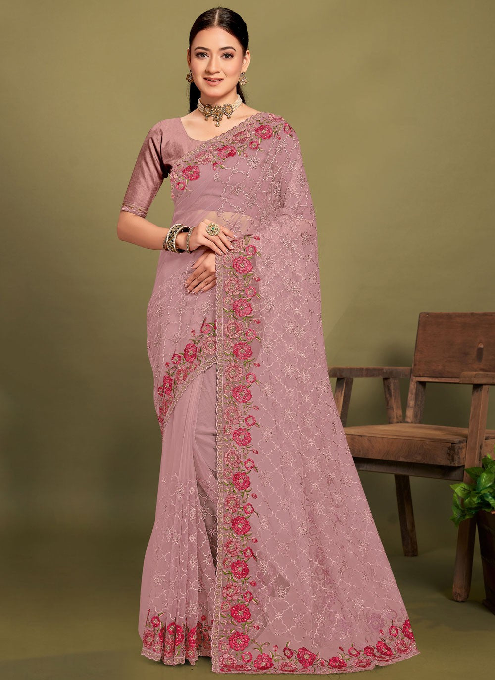 Cut Work Net Lavender Saree S14466