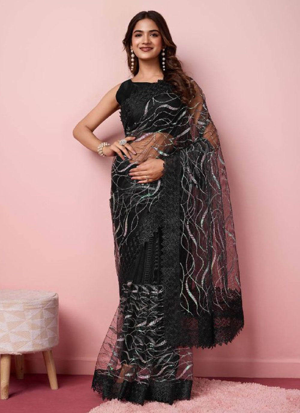 Contemporary Border Work Net Saree - S6471