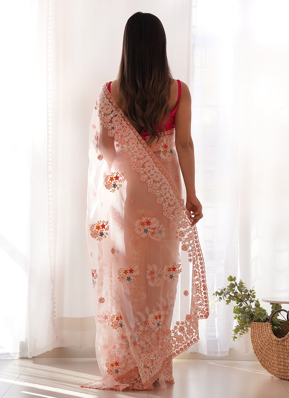 Peach Net Classic Saree Embroidered, Thread S19071