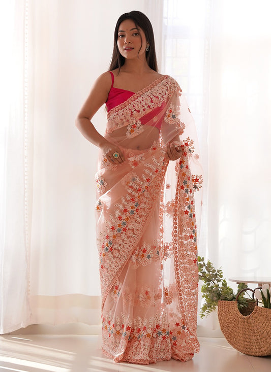 Peach Net Classic Saree Embroidered, Thread S19071