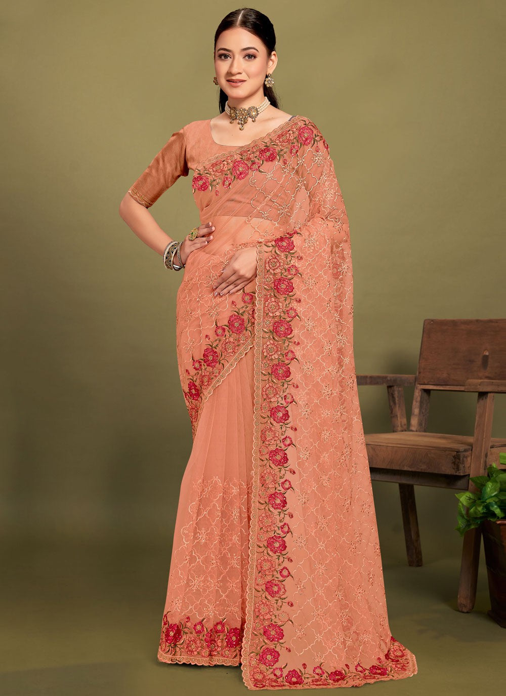Cut Work Net Peach Saree S14465