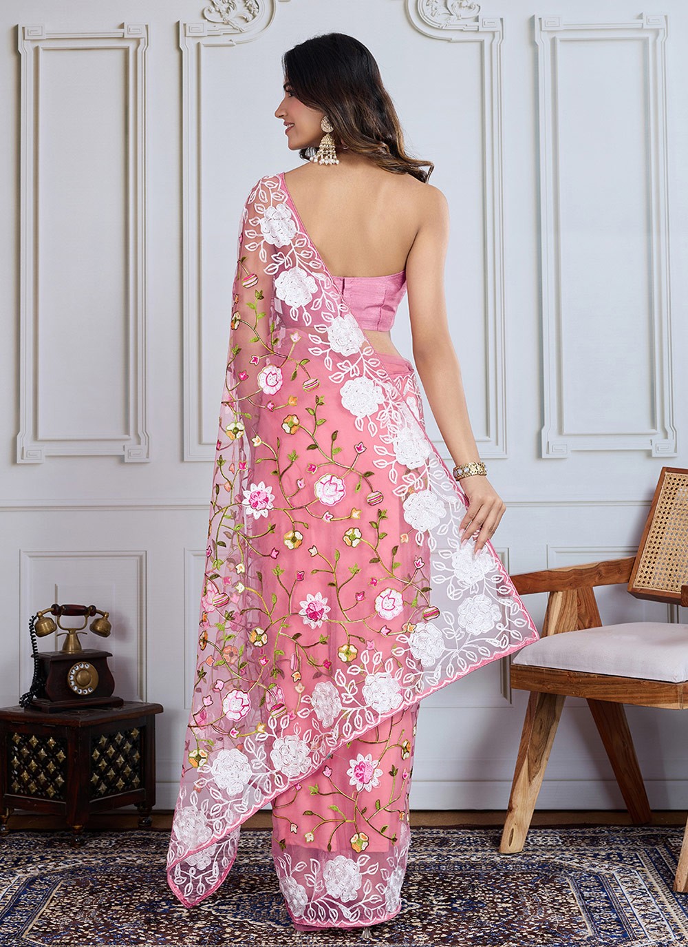Embroidered Net Pink Classic Saree S14988