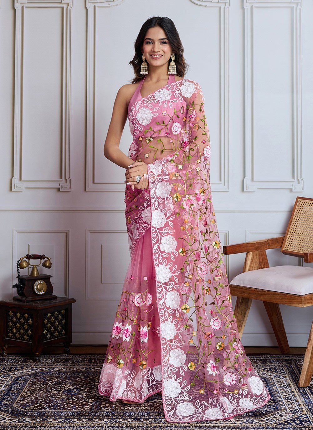 Embroidered Net Pink Classic Saree S14988