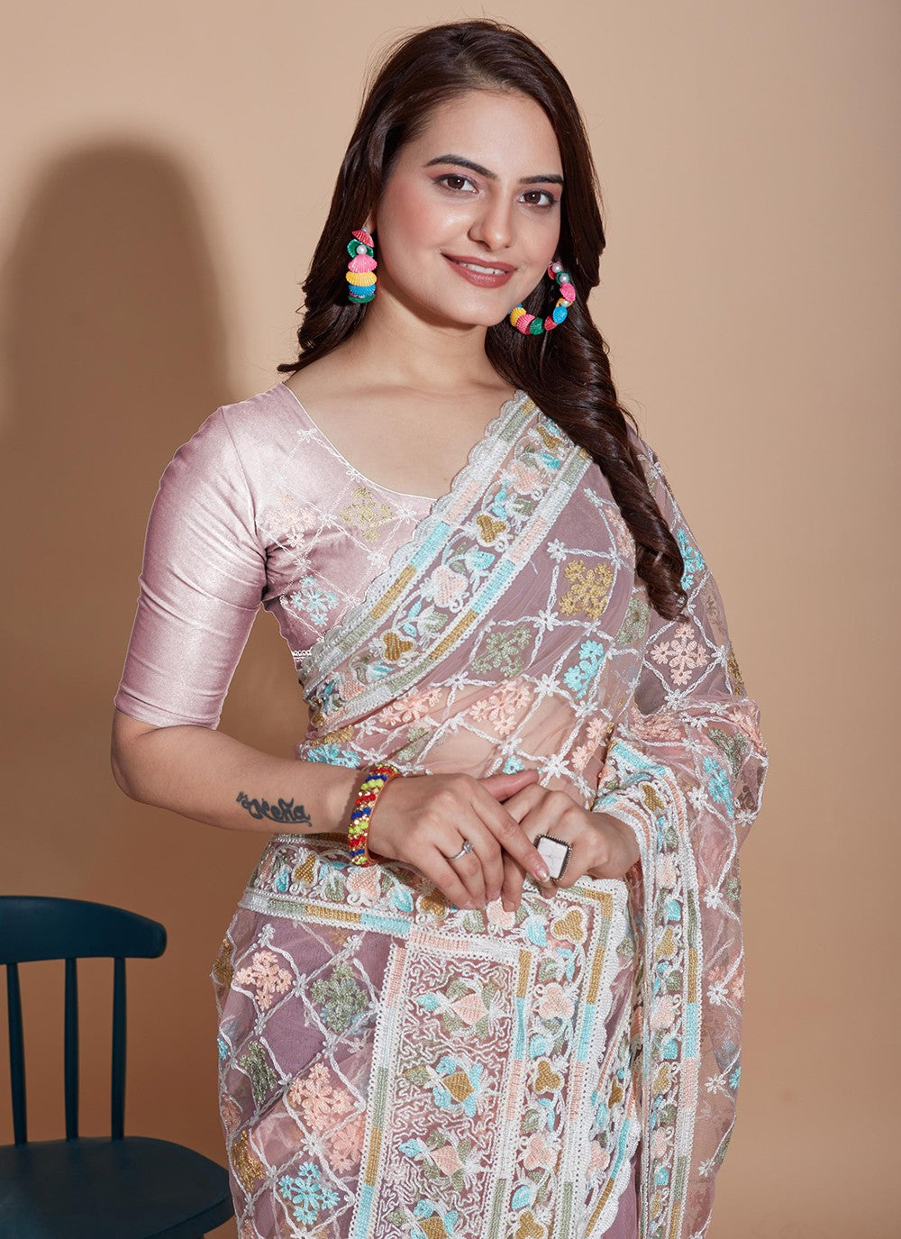 Trendy Embroidered Net Saree - S5270