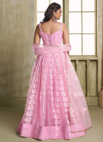 Embroidered Net Pink Lehenga - L3307