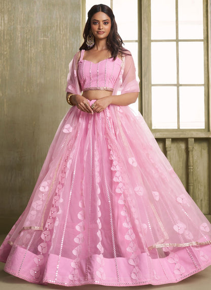 Embroidered Net Pink Lehenga - L3307