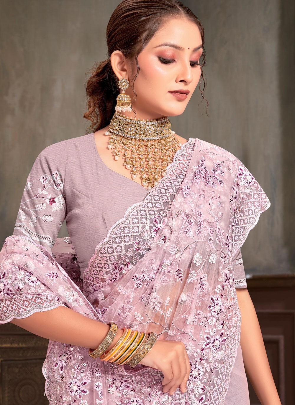 Classic Embroidered Net Saree - S7952