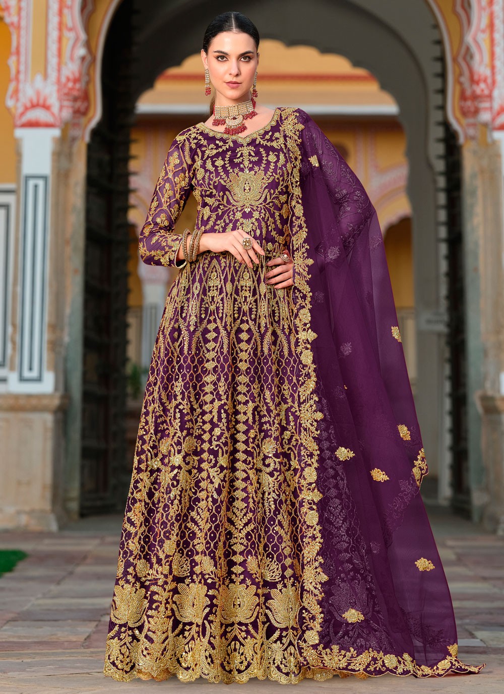 Anarkali Cord Purple Net T5325