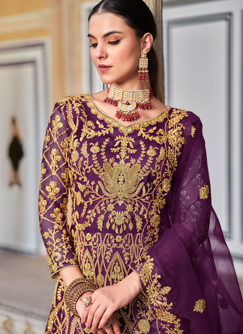 Anarkali Cord Purple Net T5325