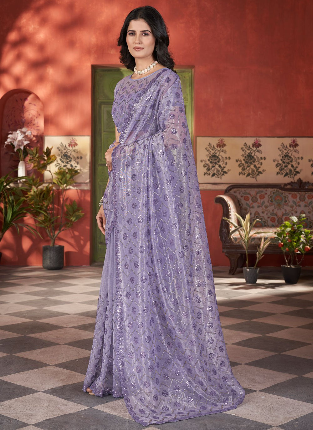 Purple Net Contemporary Saree Cut Work, Embroidered, Sequins, Thread S15708