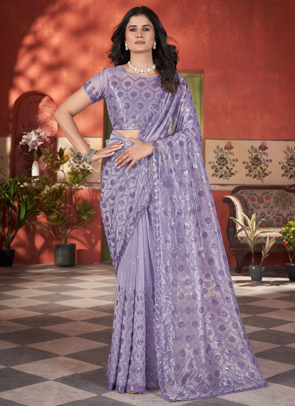 Purple Net Contemporary Saree Cut Work, Embroidered, Sequins, Thread S15708