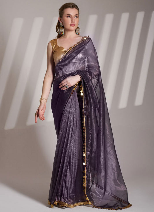 Border Work Net Purple Saree S14105