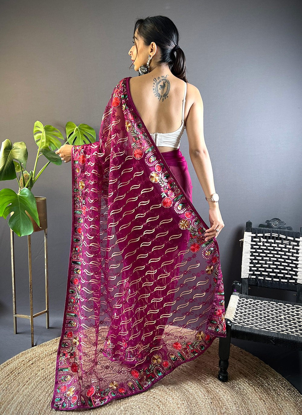 Embroidered, Thread Net Saree - S11645