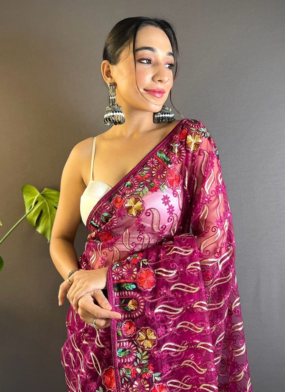 Embroidered, Thread Net Saree - S11645