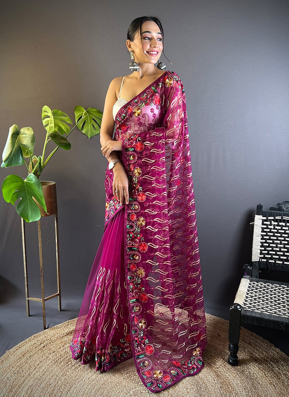 Embroidered, Thread Net Saree - S11645