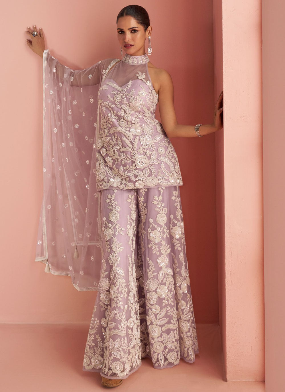 Palazzo Suit Beads, Embroidered Lavender T8283