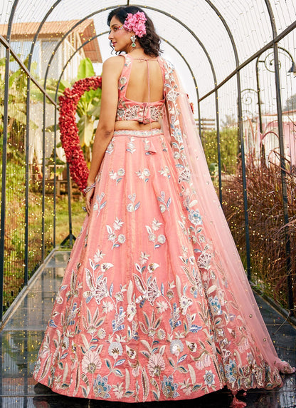 Embroidered Net Pink Lehenga - L3349