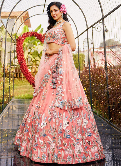 Embroidered Net Pink Lehenga - L3349