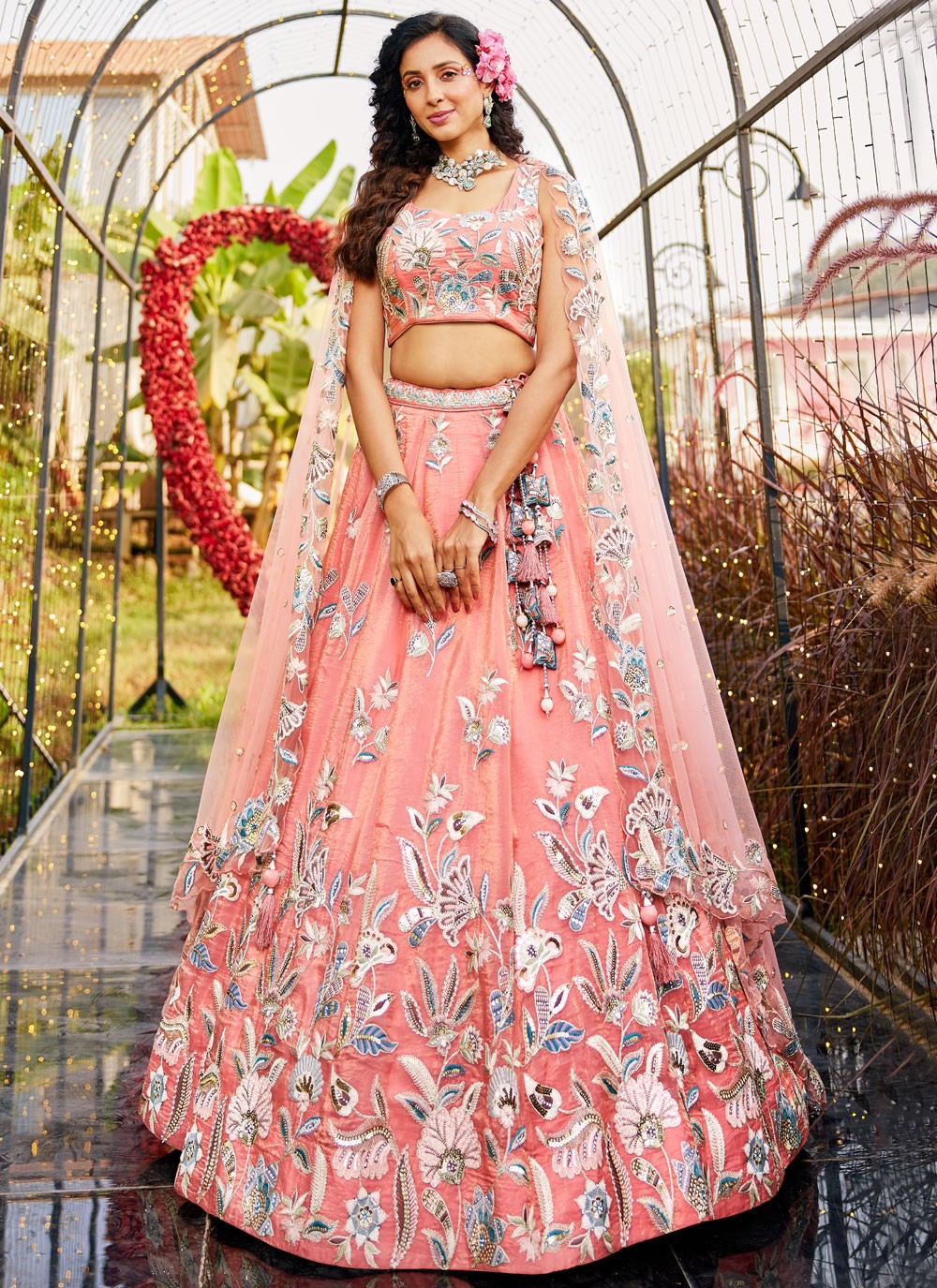 Embroidered Net Pink Lehenga - L3349