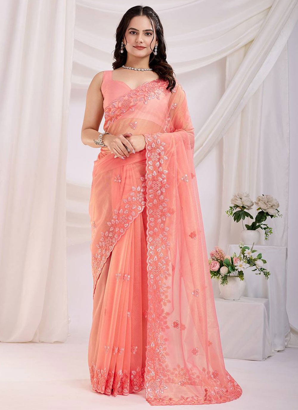 Cut Work Net Pink Saree S14030