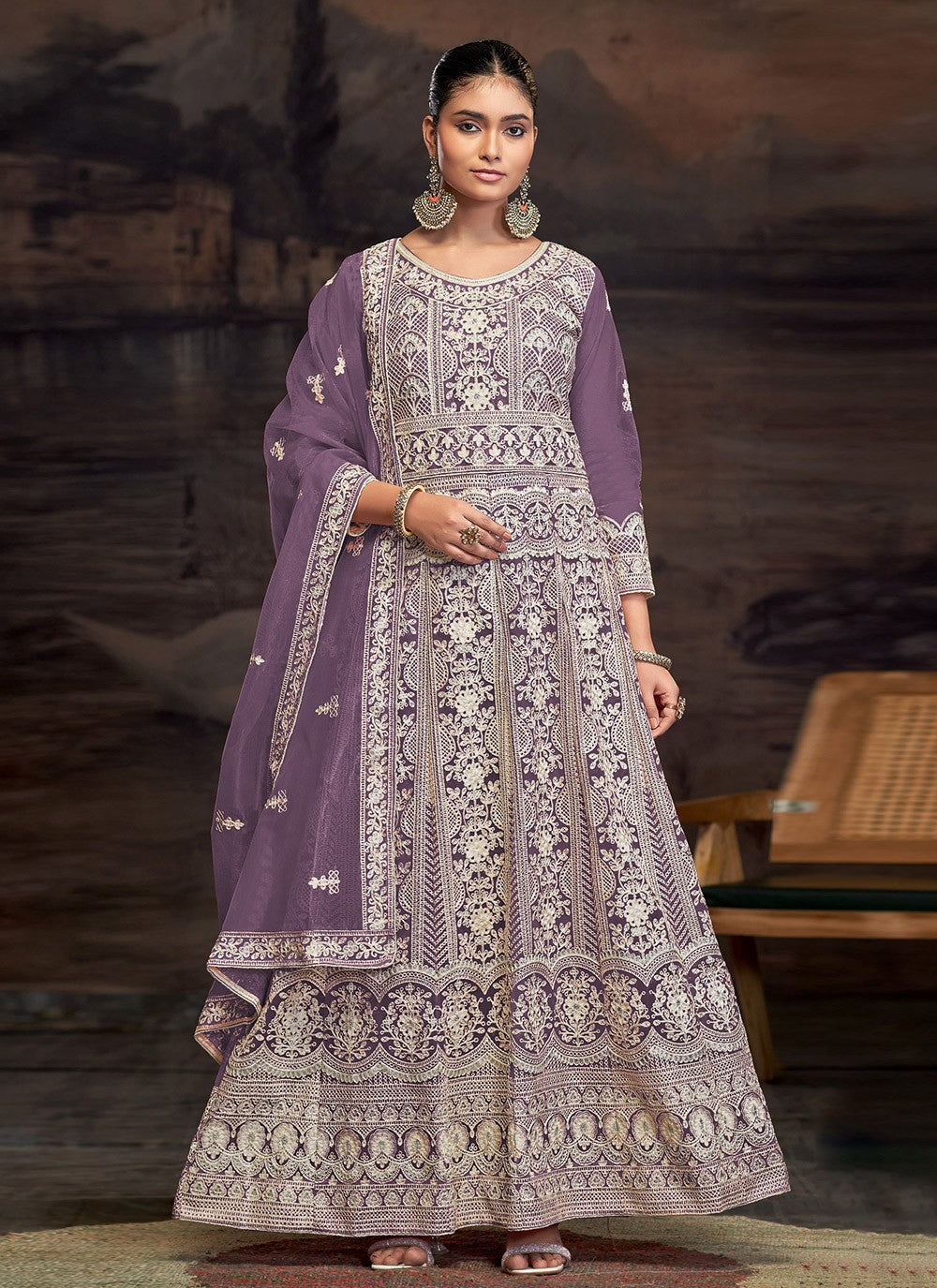 Anarkali Embroidered Lavender T7013