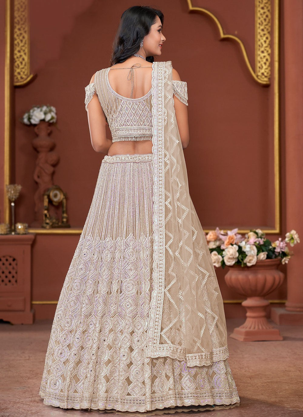 Embroidered Net Beige Lehenga - L3327