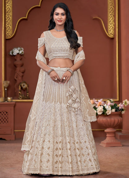Embroidered Net Beige Lehenga - L3327