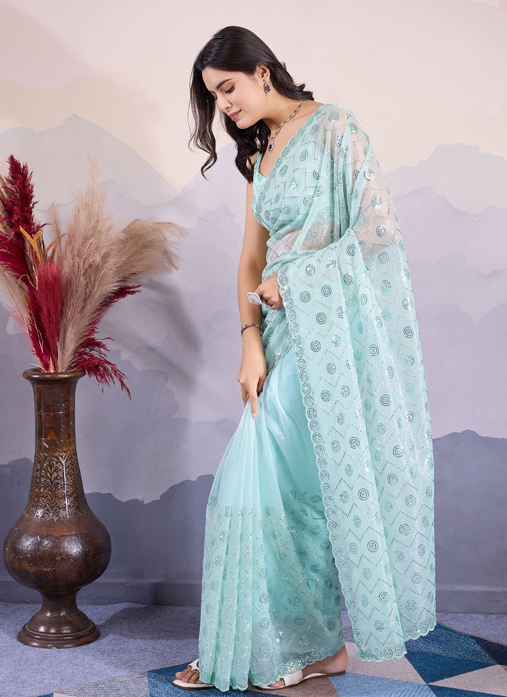 Classic Embroidered Net Saree - S8545