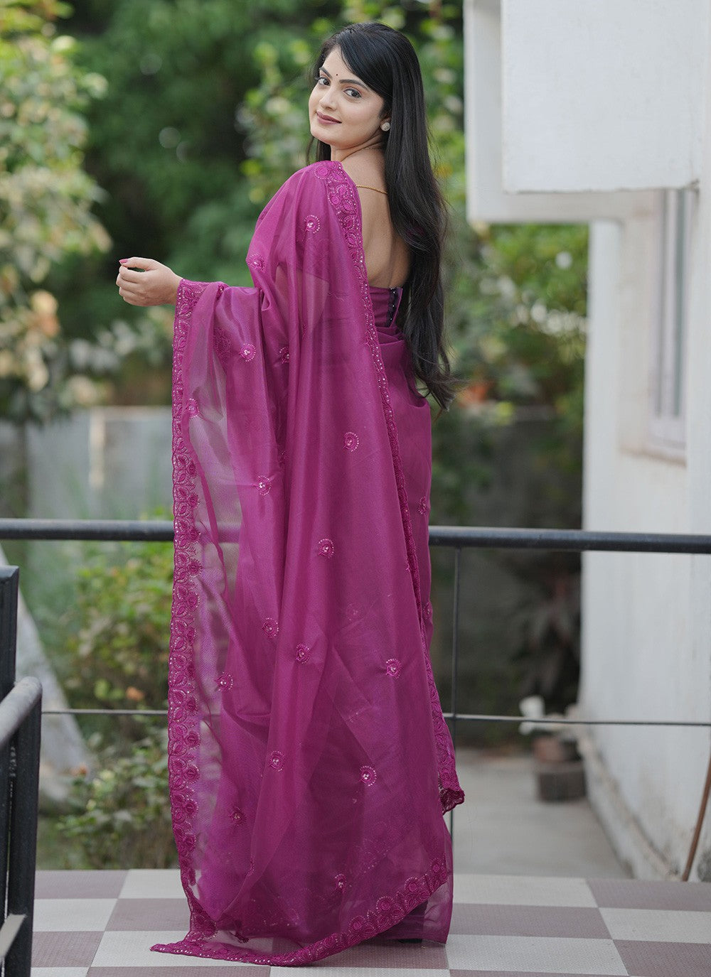 Purple Net Classic Saree Cut Work, Embroidered, Sequins, Thread S19145