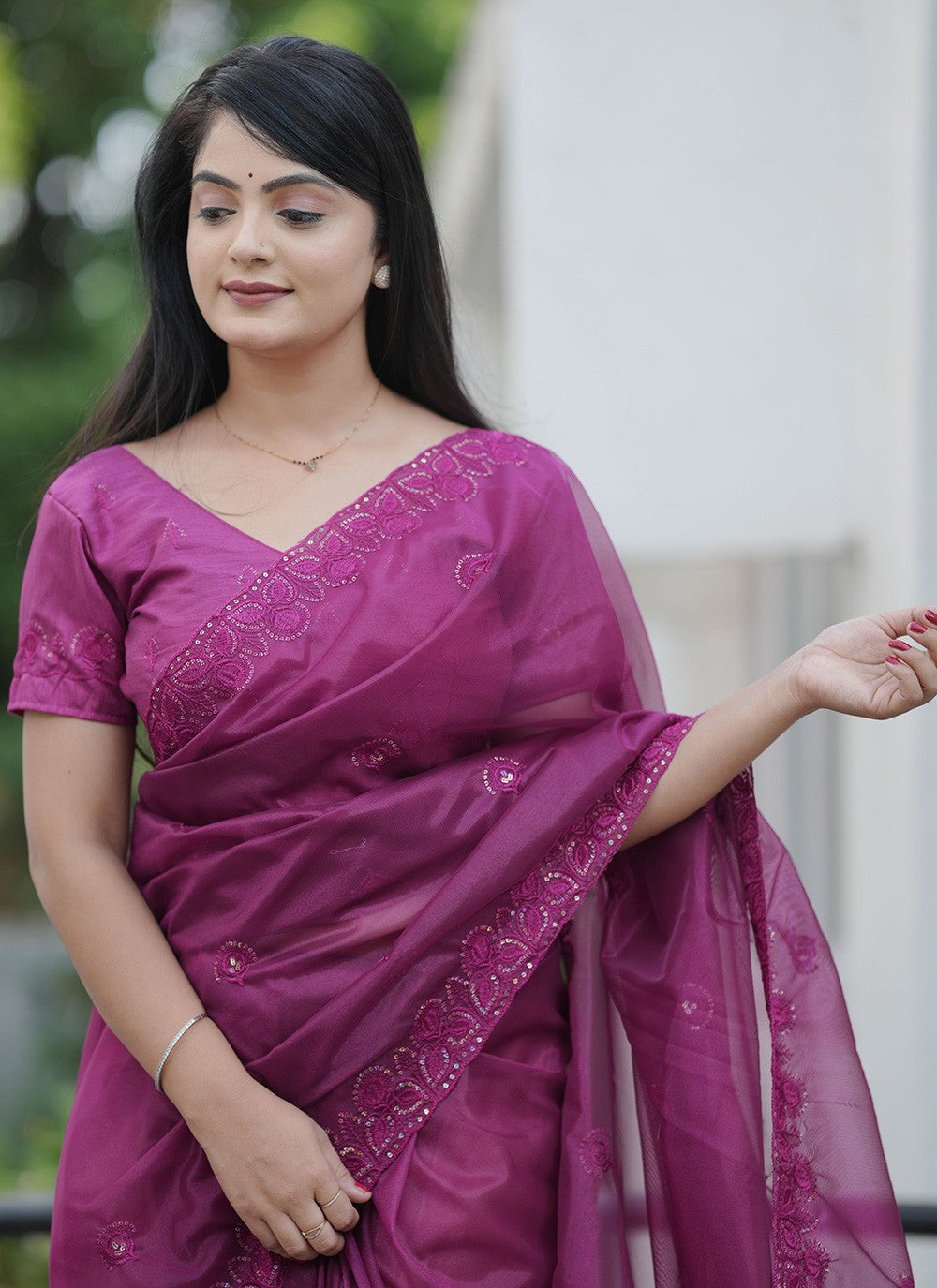 Purple Net Classic Saree Cut Work, Embroidered, Sequins, Thread S19145