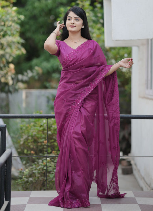 Purple Net Classic Saree Cut Work, Embroidered, Sequins, Thread S19145