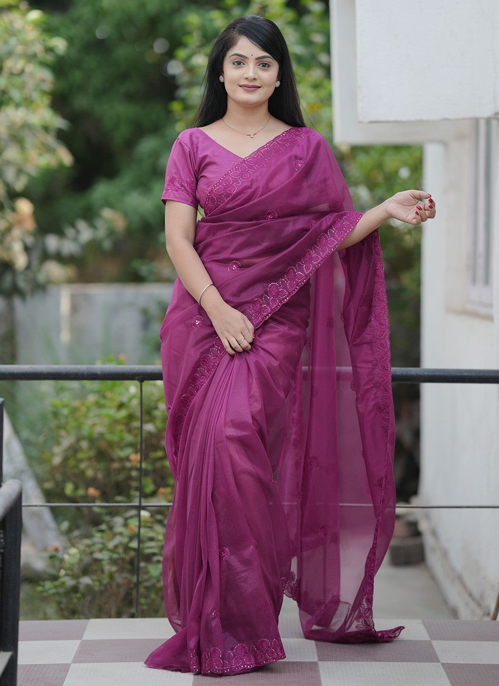 Purple Net Classic Saree Cut Work, Embroidered, Sequins, Thread S19145