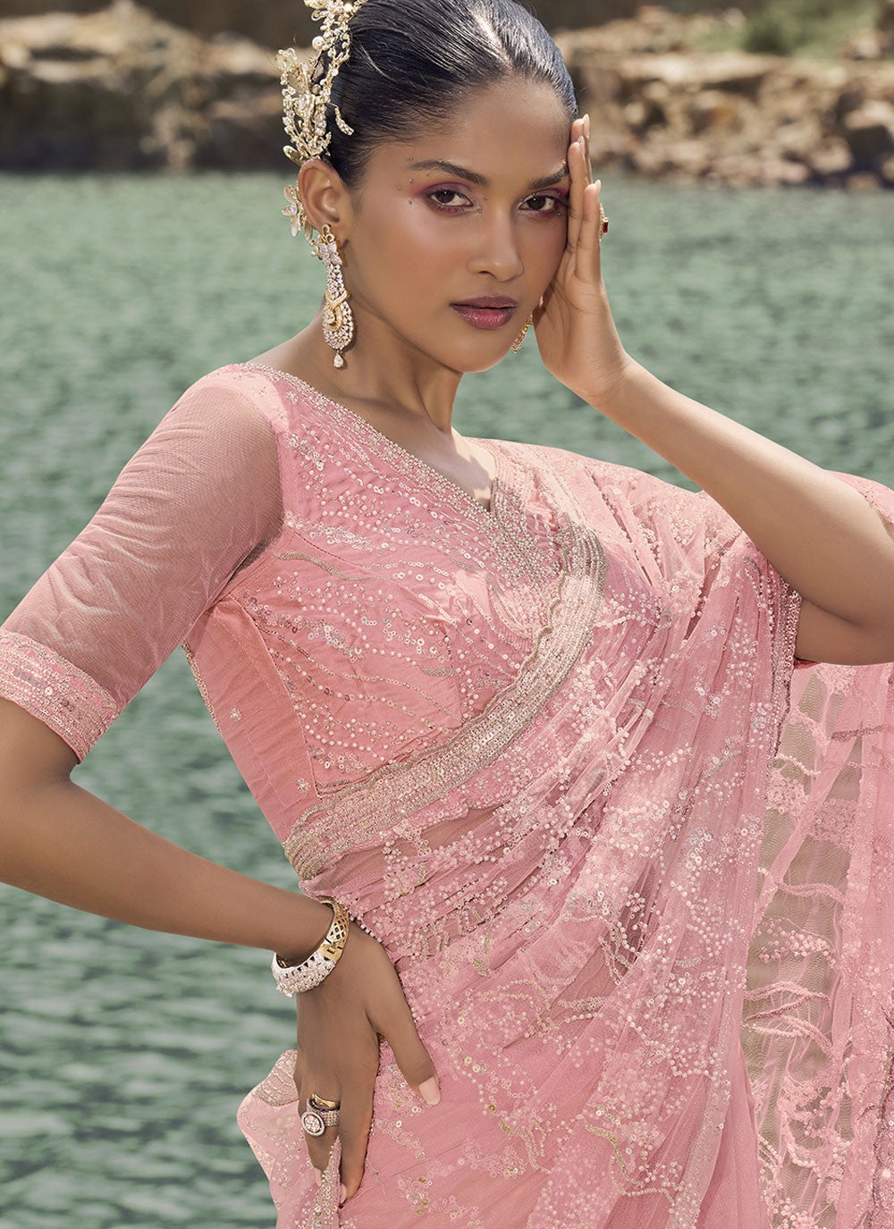 Classic Beads Net Saree - S8180