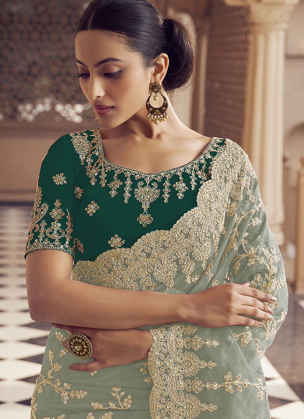 Designer Embroidered Aqua Blue Net S12485