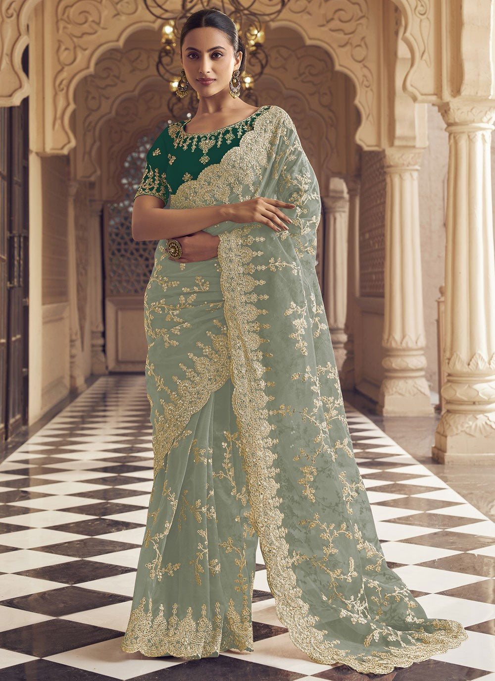 Designer Embroidered Aqua Blue Net S12485