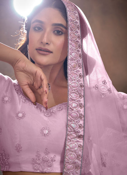 Embroidered Net Pink, Purple Lehenga - L3263
