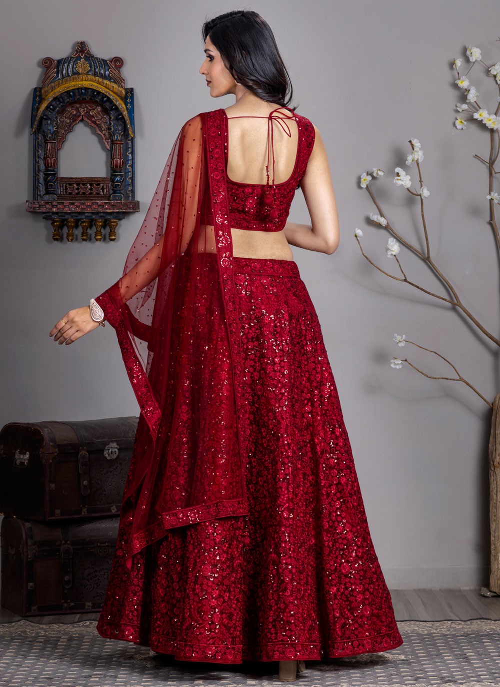 Embroidered Net Red Lehenga Choli L3715