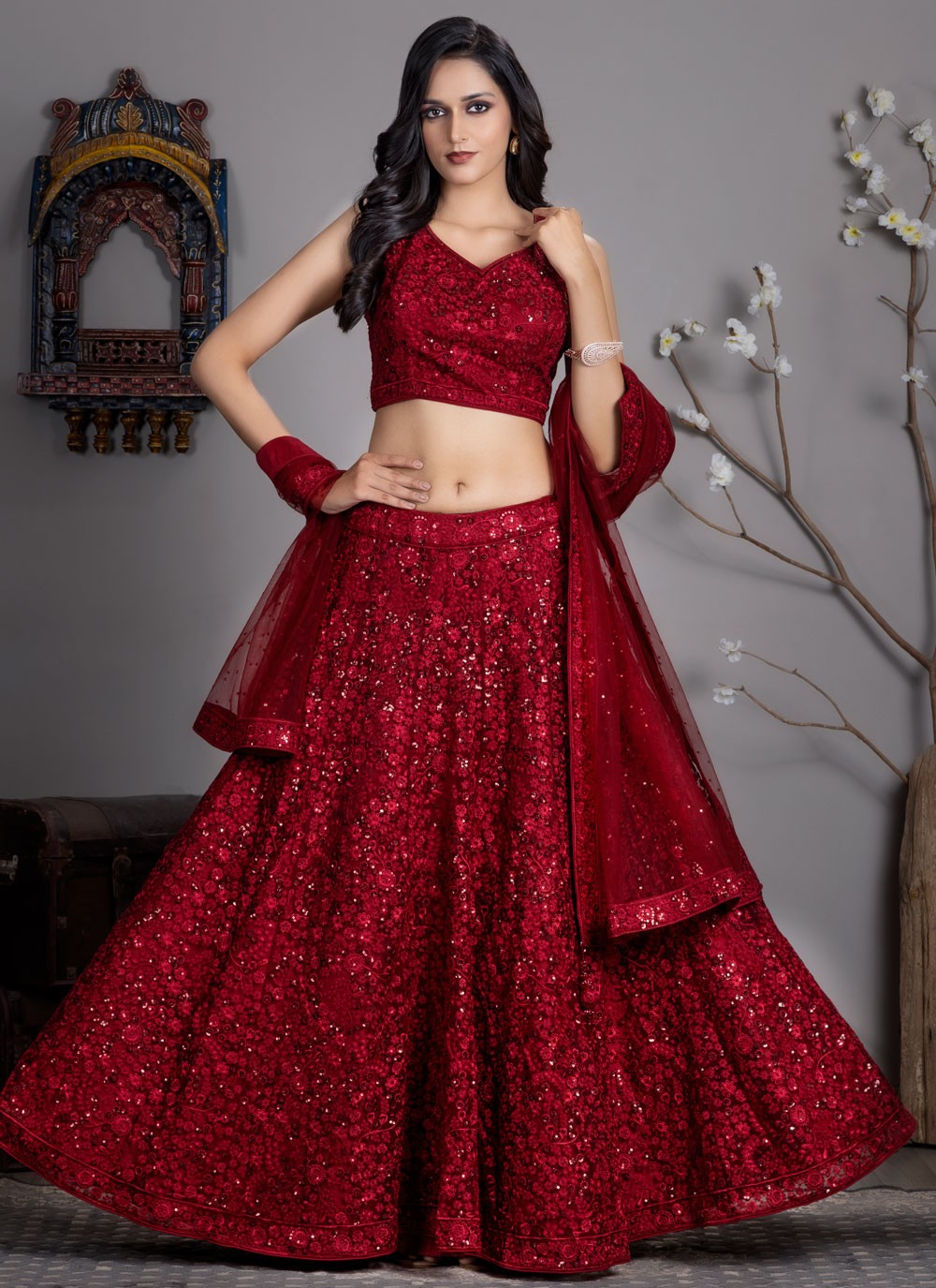 Embroidered Net Red Lehenga Choli L3715