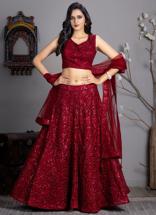 Embroidered Net Red Lehenga Choli L3715
