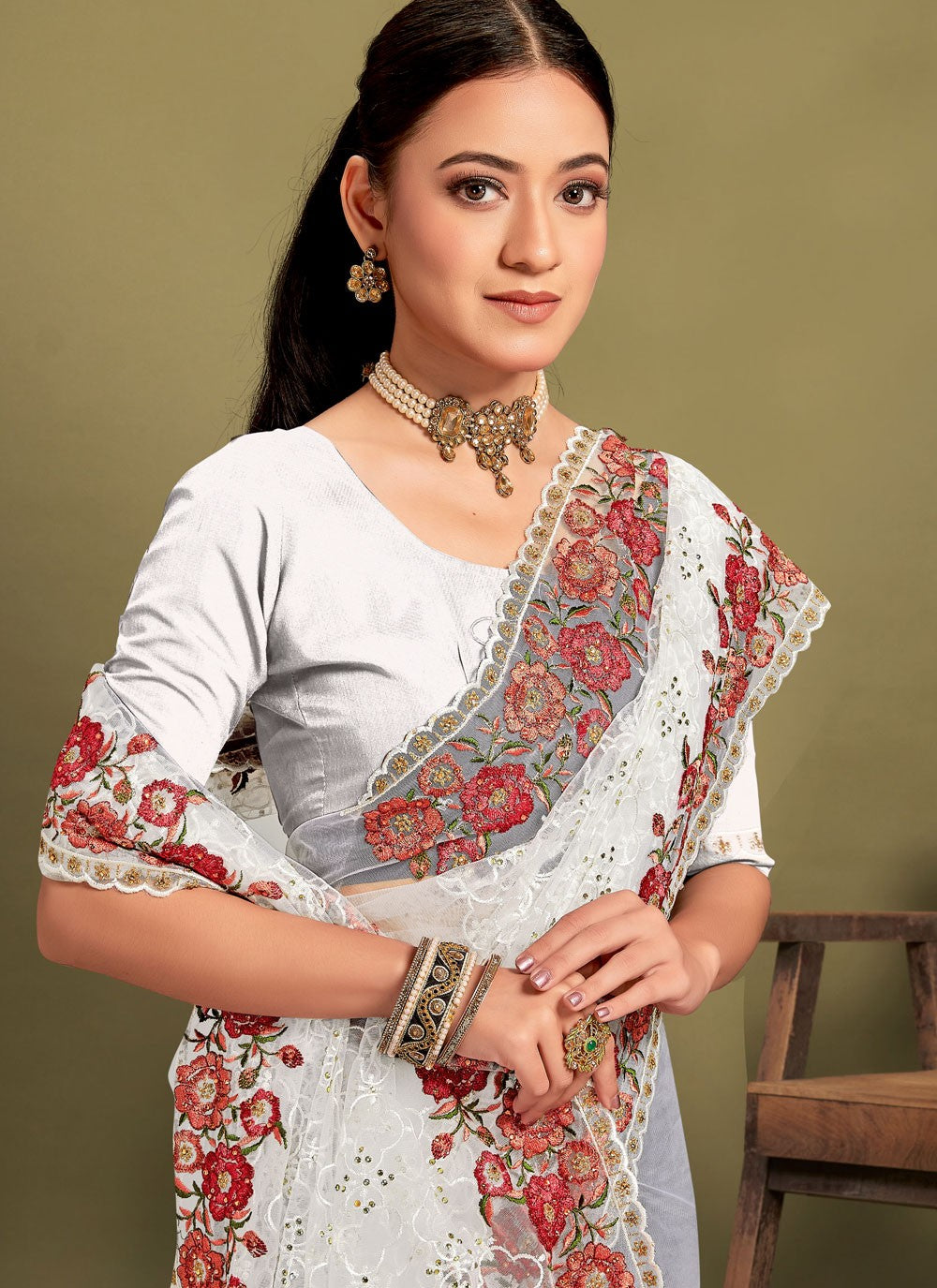Cut Work Net White Saree S14462