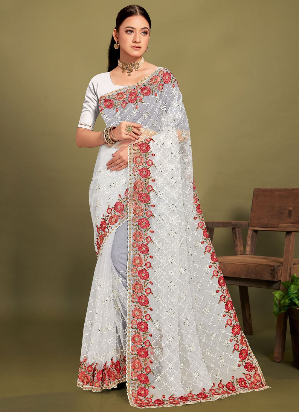 Cut Work Net White Saree S14462